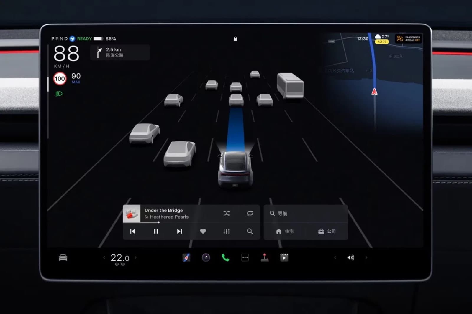 A Tesla centre display showing the Full Self-Driving visualisation of surrounding traffic lanes and vehicles