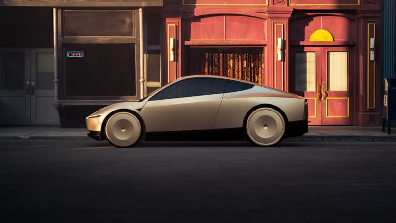 Tesla Cybercab on a city street at dusk