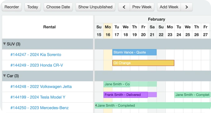 The Wheelbase fleet calendar showing bookings across several vehicles